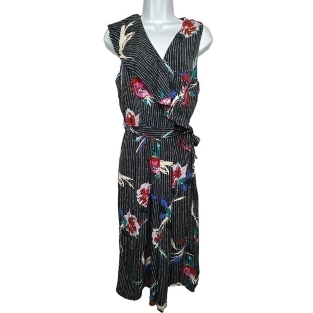 Apt 9 Capri Jumpsuit Black Tropical Print Sleeveless Ruffle Wide Leg Size 6